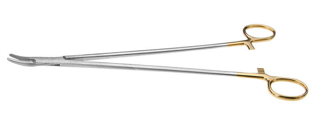 Heaney needle holder, 6 1/4'', curved, serrated jaws, ring handle